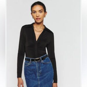 Reformation Black Ruched Button Up Top
